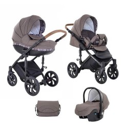 Коляска TUTIS 3 в 1 MIMI STYLE Кофейный лен Шокол/белый узор кожа Шоколадная