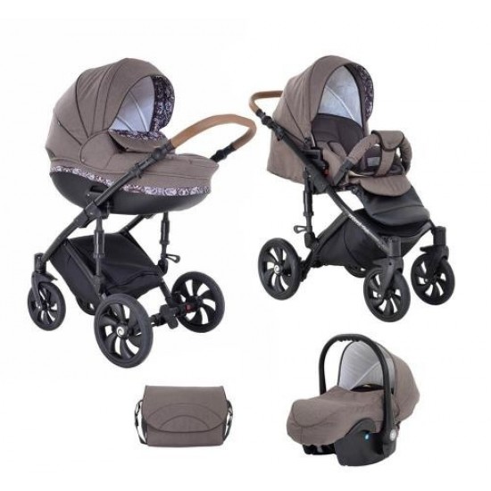 Коляска TUTIS 3 в 1 MIMI STYLE Кофейный лен Шокол/белый узор кожа Шоколадная