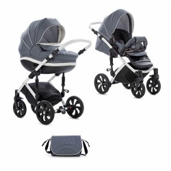 Коляска TUTIS 2 в 1 MIMI STYLE БЕЛАЯ РАМА Серый Лен/кожа Белая