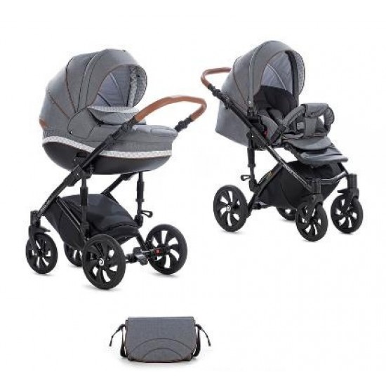 Коляска TUTIS 2 в 1 MIMI STYLE Серый Лен/Cеро/белый Узор/кожа Коричневая