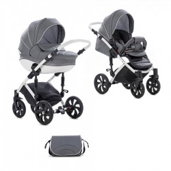 Коляска TUTIS 2 в 1 MIMI STYLE БЕЛАЯ РАМА Серый лен/белый горох/кожа