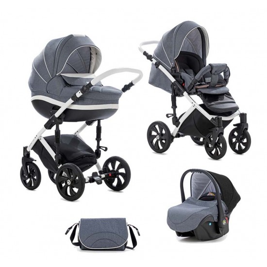 Коляска TUTIS 3 в 1 MIMI STYLE БЕЛАЯ РАМА DARK GREY