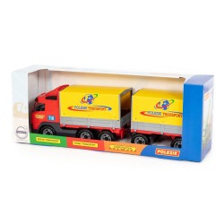 Игрушечный Volvo автомобиль бортовой тентовый с прицепом в коробке Полесье 9517